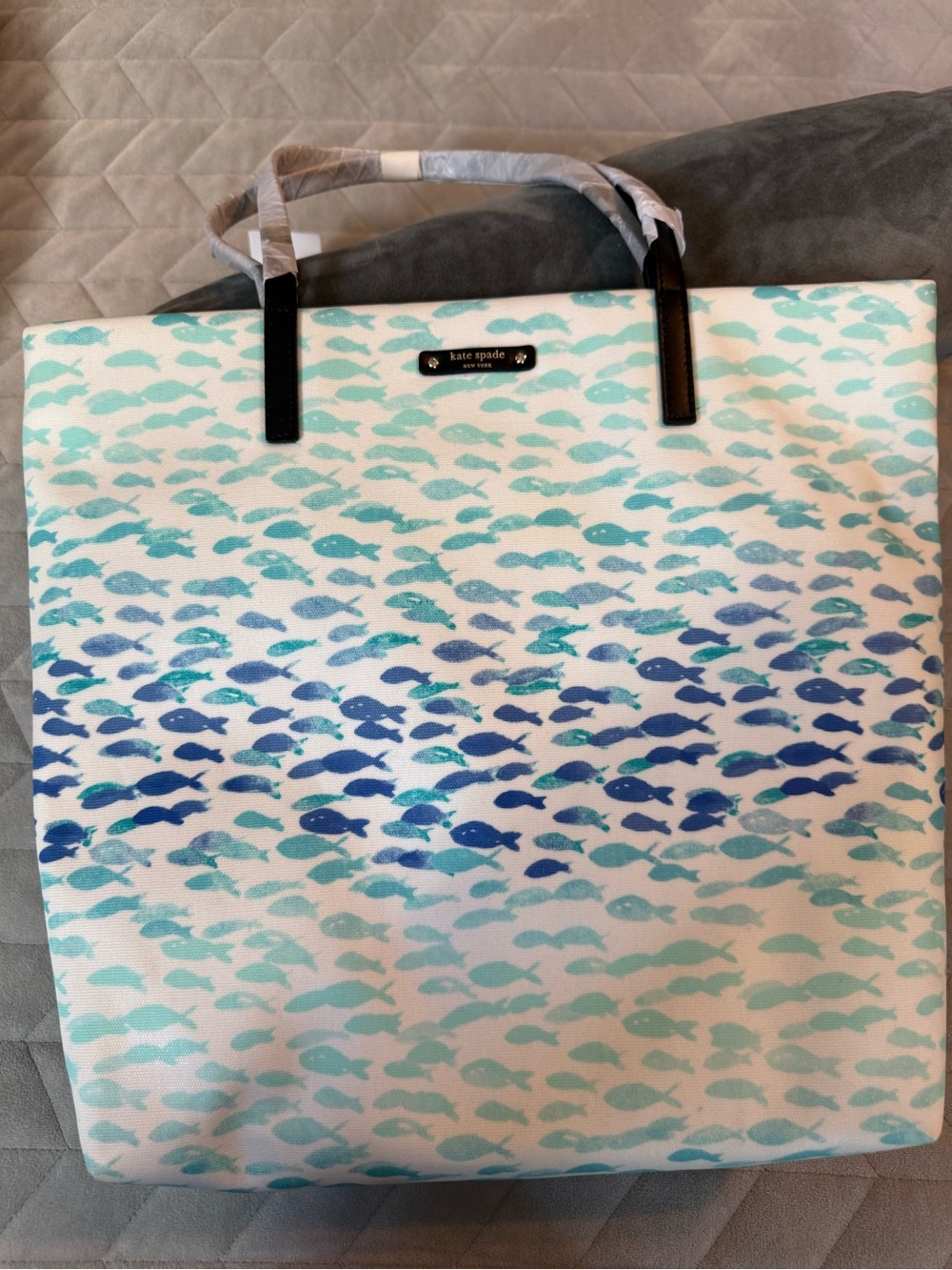 kate spade White Tote with Blue and Turquoise Fish Print